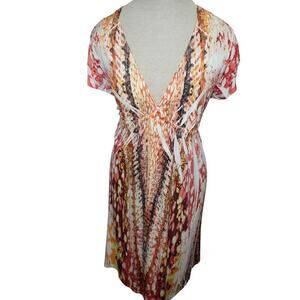 Boho Abstract Print Midi Dress with Lace Inset – Deep V-Neck – Size M 30